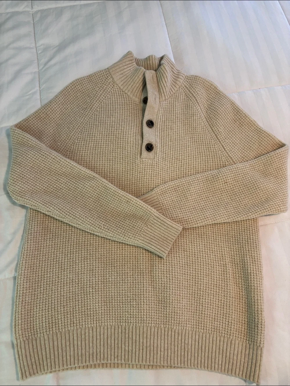 Banana Republic Marino Wool Men's Cream Waffle-Knit Button Mock Neck Sweater